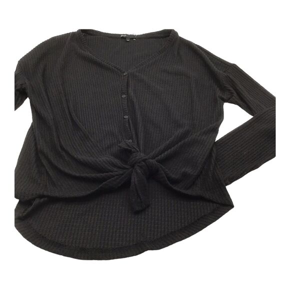 Gibson Women’s Small Black Thermal Waffle Knit V-Neck Button Tie Front Top - Picture 15 of 16